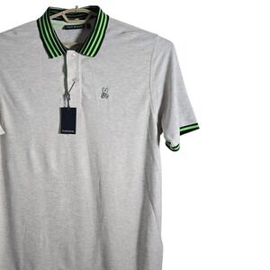 New Psycho Bunny Norris Pique Polo Shirt Oatmeal Heather Green Trim - XXL